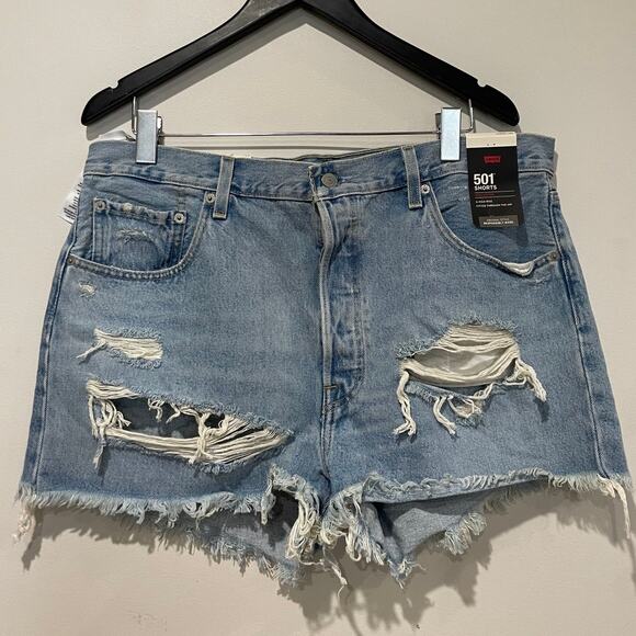 NWT Levi's Premium 501 Original Fit High Rise Distressed Cutoff Shorts Blue 34 - Picture 2 of 5